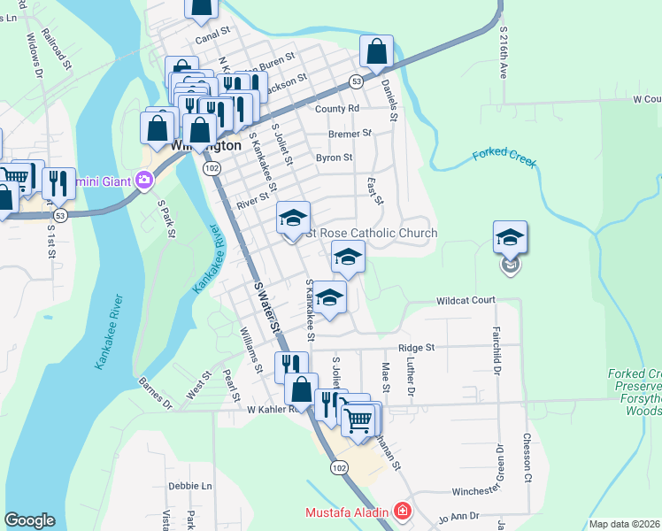 map of restaurants, bars, coffee shops, grocery stores, and more near 715 South Joliet Street in Wilmington