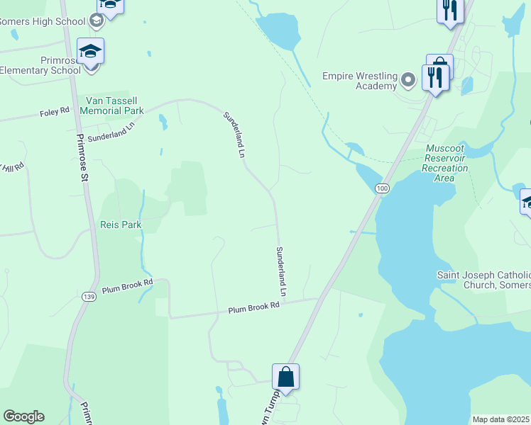 map of restaurants, bars, coffee shops, grocery stores, and more near 30 Sunderland Lane in Katonah
