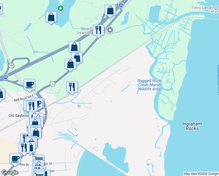 map of restaurants, bars, coffee shops, grocery stores, and more near 19 Whisper Cove Road in Old Saybrook