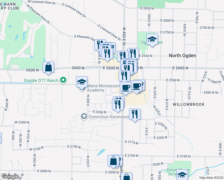 map of restaurants, bars, coffee shops, grocery stores, and more near 325 East 2550 North in North Ogden