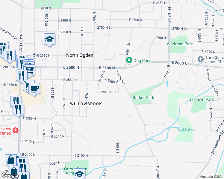 map of restaurants, bars, coffee shops, grocery stores, and more near 2498 North 775 East in North Ogden
