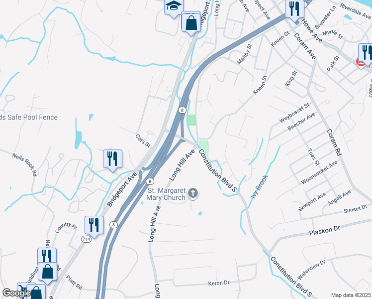 map of restaurants, bars, coffee shops, grocery stores, and more near 343 Long Hill Avenue in Shelton