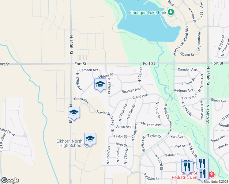 map of restaurants, bars, coffee shops, grocery stores, and more near 17657 Browne Circle in Omaha
