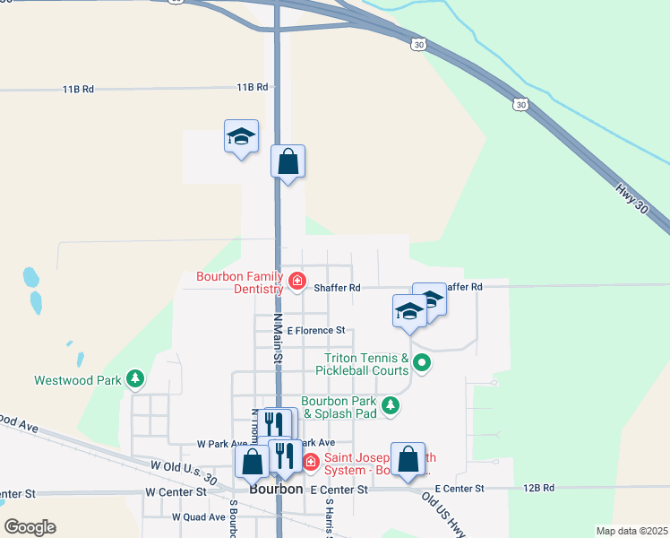 map of restaurants, bars, coffee shops, grocery stores, and more near 1100-1198 N Harris St in Bourbon