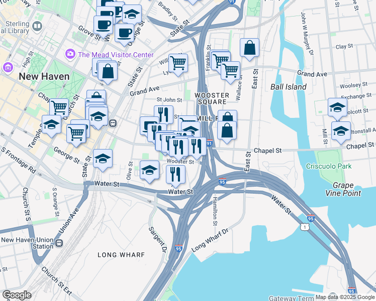 map of restaurants, bars, coffee shops, grocery stores, and more near 494 Chapel Street in New Haven