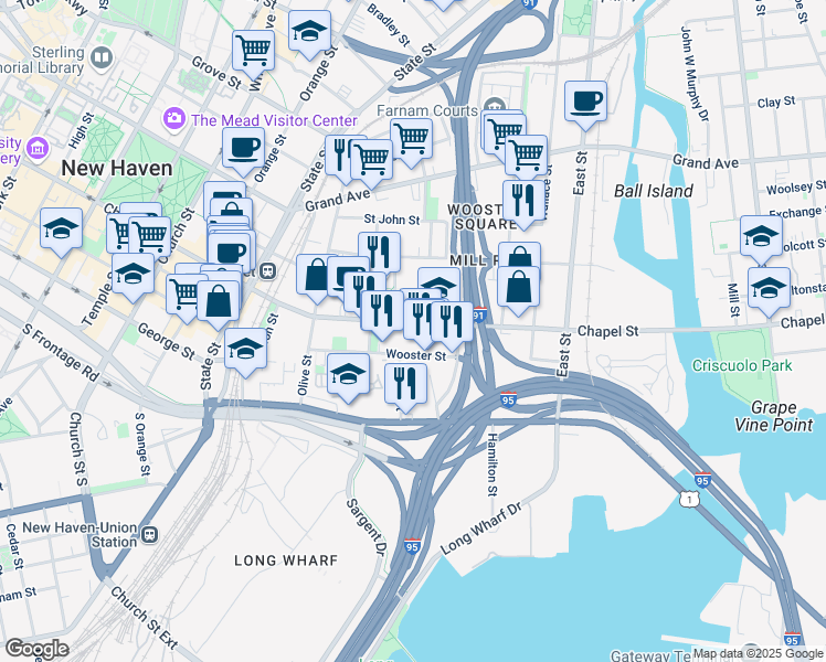 map of restaurants, bars, coffee shops, grocery stores, and more near in New Haven