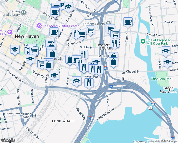 map of restaurants, bars, coffee shops, grocery stores, and more near in New Haven