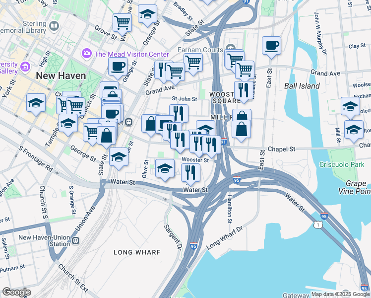 map of restaurants, bars, coffee shops, grocery stores, and more near in New Haven