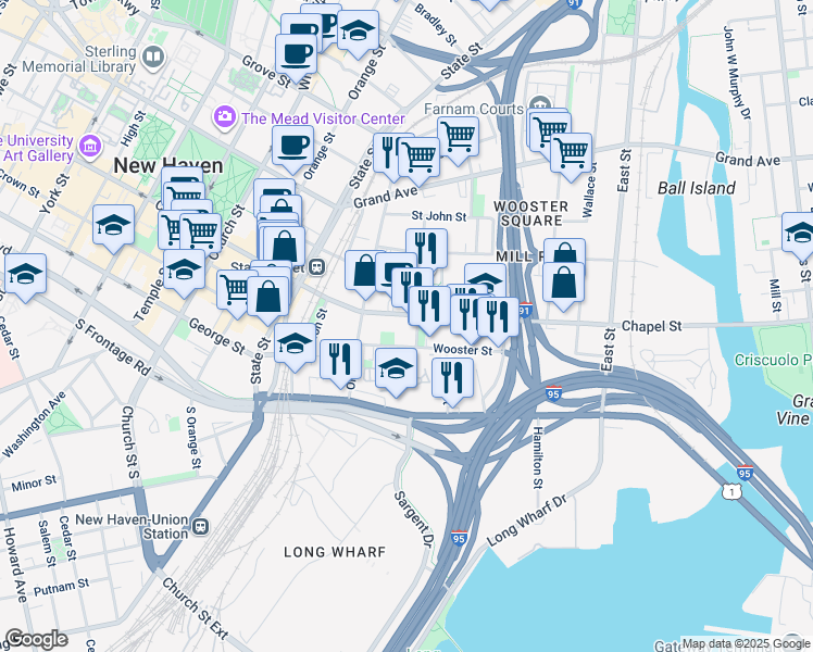 map of restaurants, bars, coffee shops, grocery stores, and more near in New Haven