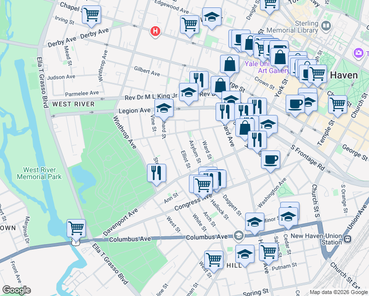 map of restaurants, bars, coffee shops, grocery stores, and more near 88 Asylum Street in New Haven