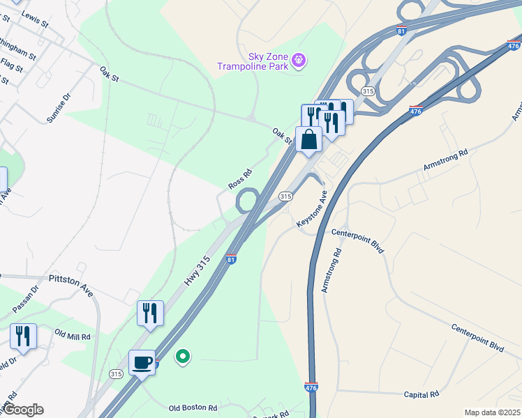 map of restaurants, bars, coffee shops, grocery stores, and more near Interstate 81 in Pittston