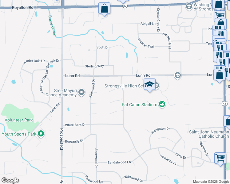 map of restaurants, bars, coffee shops, grocery stores, and more near 20246 Birchwood Lane in Strongsville