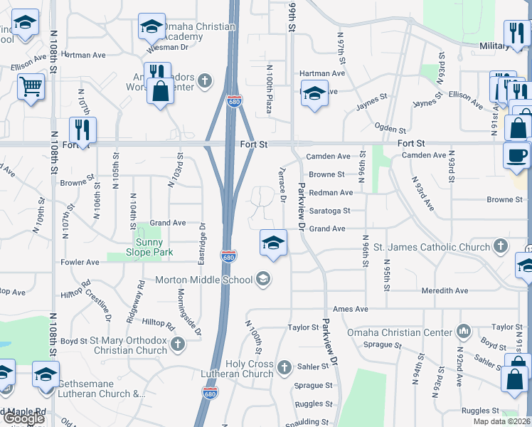 map of restaurants, bars, coffee shops, grocery stores, and more near 5006 Terrace Drive in Omaha