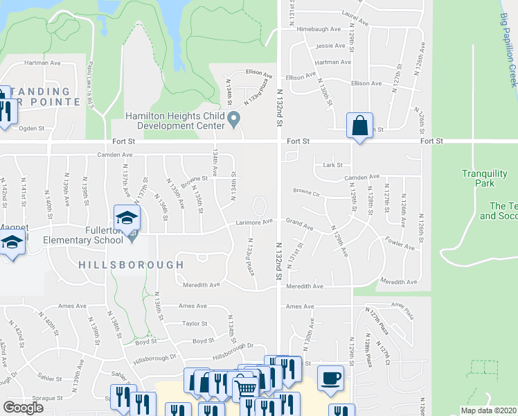 map of restaurants, bars, coffee shops, grocery stores, and more near 13330 Larimore Avenue in Omaha