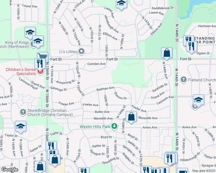 map of restaurants, bars, coffee shops, grocery stores, and more near 14908 Redman Avenue in Omaha