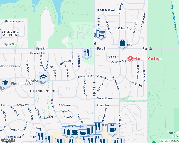 map of restaurants, bars, coffee shops, grocery stores, and more near 13302 Larimore Avenue in Omaha