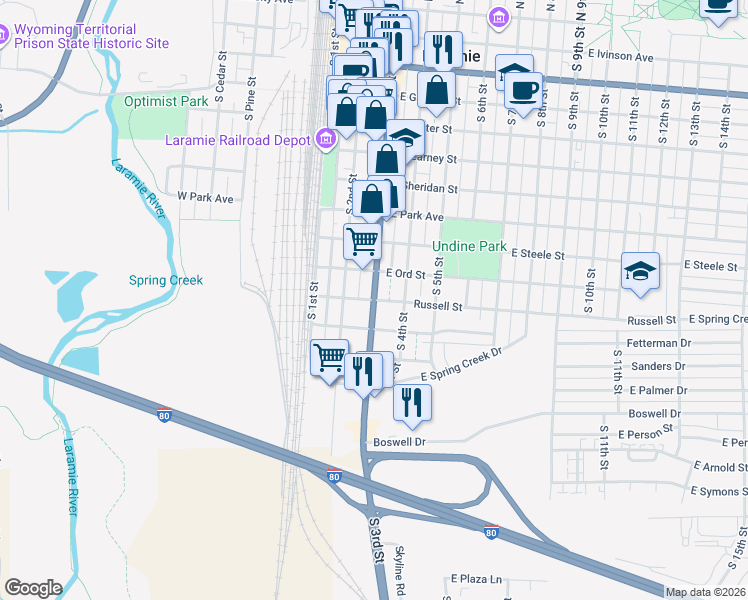 map of restaurants, bars, coffee shops, grocery stores, and more near Highway 287 in Laramie