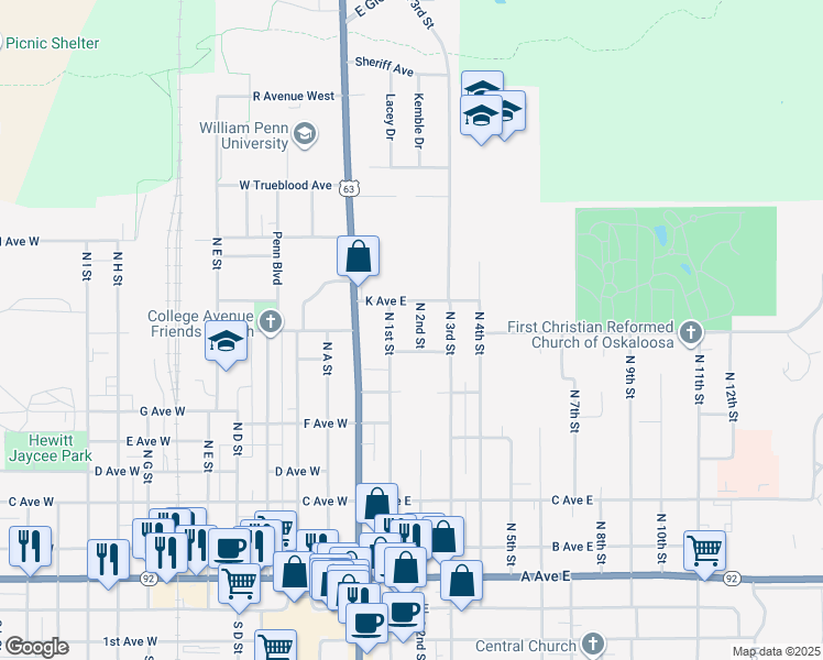 map of restaurants, bars, coffee shops, grocery stores, and more near 1109 North 2nd Street in Oskaloosa
