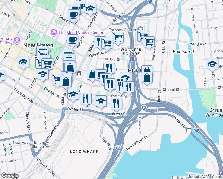 map of restaurants, bars, coffee shops, grocery stores, and more near in New Haven