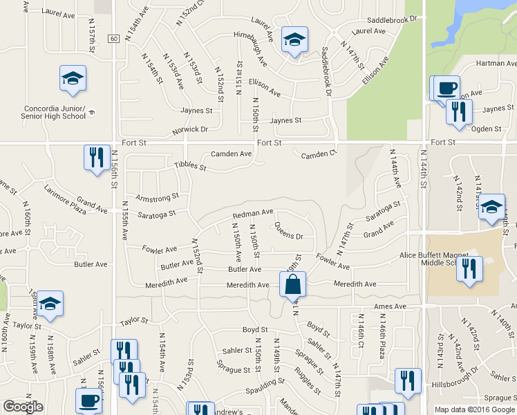 map of restaurants, bars, coffee shops, grocery stores, and more near 14908 Redman Avenue in Omaha