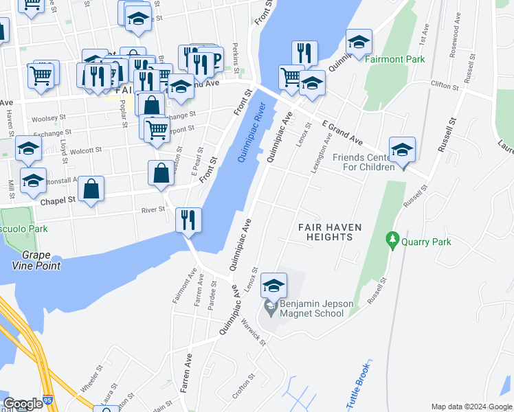 map of restaurants, bars, coffee shops, grocery stores, and more near 485 Quinnipiac Avenue in New Haven