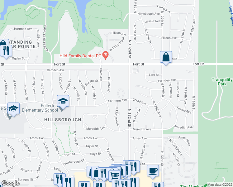 map of restaurants, bars, coffee shops, grocery stores, and more near 13330 Larimore Avenue in Omaha