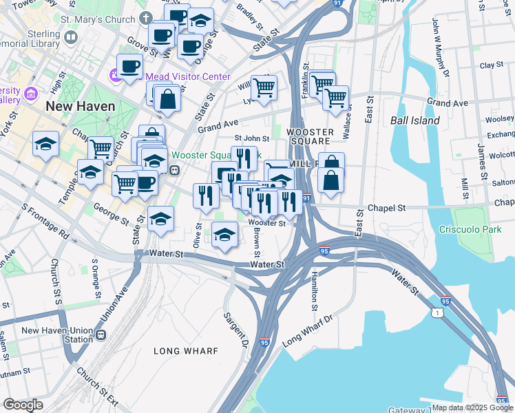 map of restaurants, bars, coffee shops, grocery stores, and more near 542 Chapel Street in New Haven