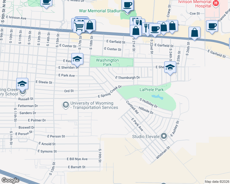 map of restaurants, bars, coffee shops, grocery stores, and more near 2001 East Spring Creek Drive in Laramie