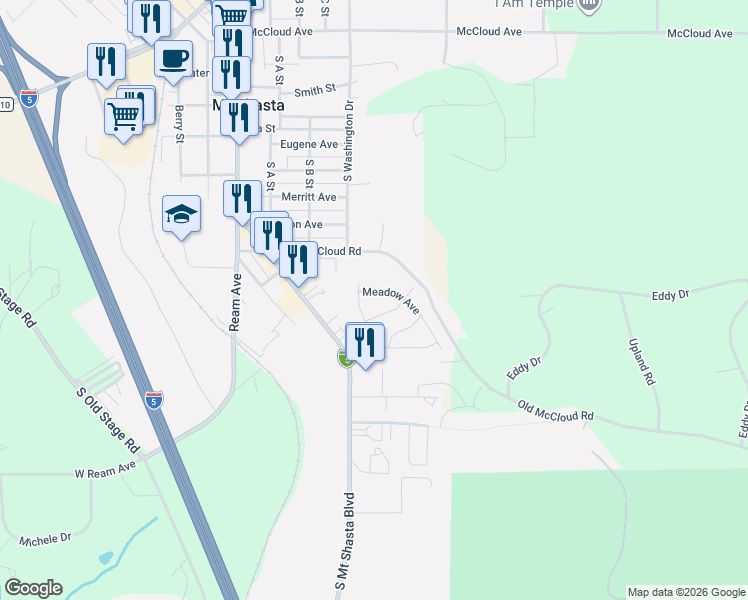 map of restaurants, bars, coffee shops, grocery stores, and more near 508 Glen Mar Drive in Mount Shasta