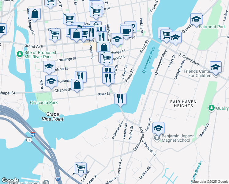 map of restaurants, bars, coffee shops, grocery stores, and more near 19 River Street in New Haven