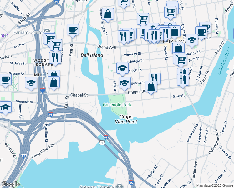 map of restaurants, bars, coffee shops, grocery stores, and more near 265 Chapel Street in New Haven