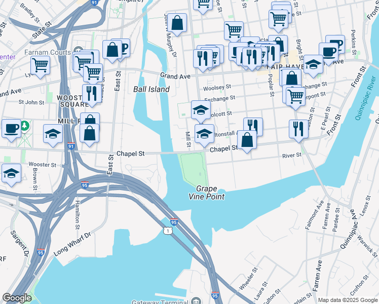 map of restaurants, bars, coffee shops, grocery stores, and more near 12 Mill Street in New Haven