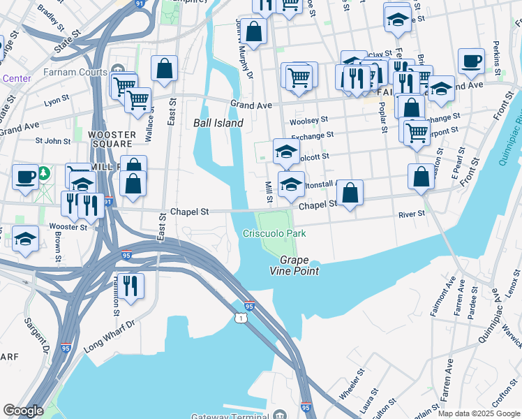 map of restaurants, bars, coffee shops, grocery stores, and more near 12 Mill Street in New Haven