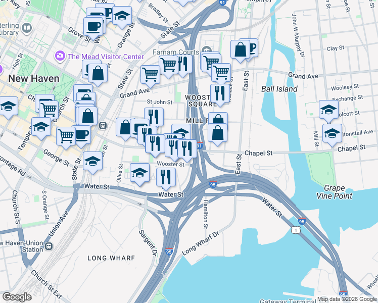 map of restaurants, bars, coffee shops, grocery stores, and more near 494 Chapel Street in New Haven