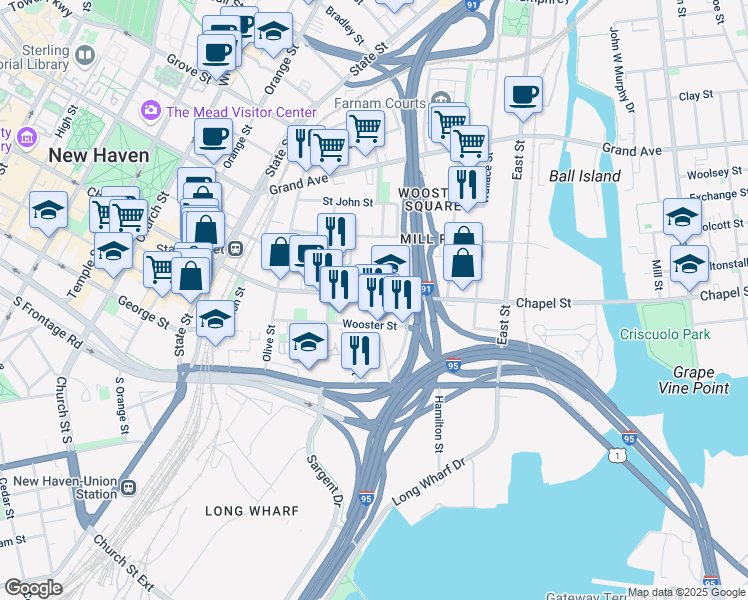 map of restaurants, bars, coffee shops, grocery stores, and more near in New Haven