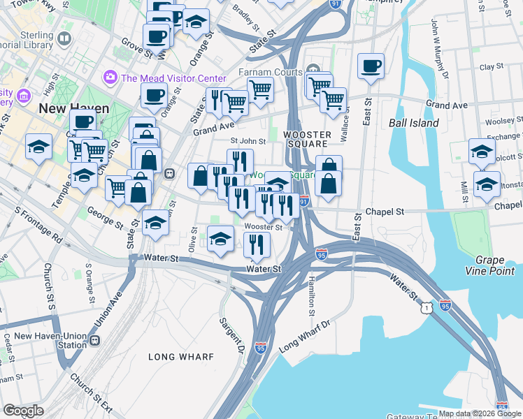 map of restaurants, bars, coffee shops, grocery stores, and more near in New Haven