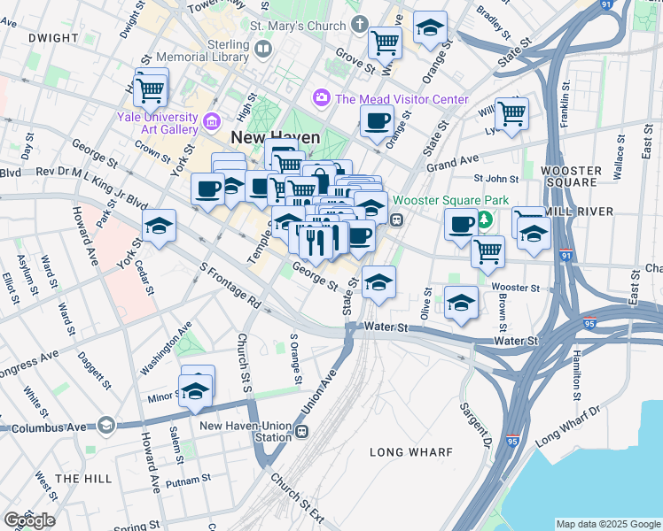map of restaurants, bars, coffee shops, grocery stores, and more near 44 Orange Street in New Haven
