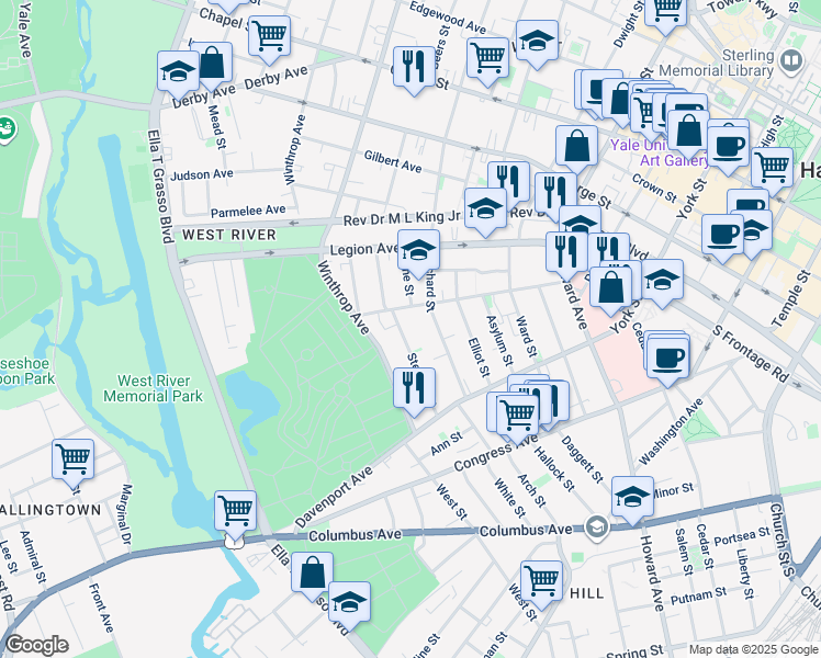 map of restaurants, bars, coffee shops, grocery stores, and more near 114 Sylvan Avenue in New Haven