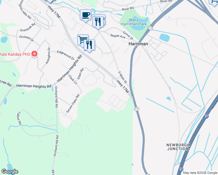 map of restaurants, bars, coffee shops, grocery stores, and more near 16 Summit Avenue in Harriman