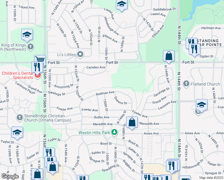 map of restaurants, bars, coffee shops, grocery stores, and more near 14908 Redman Avenue in Omaha