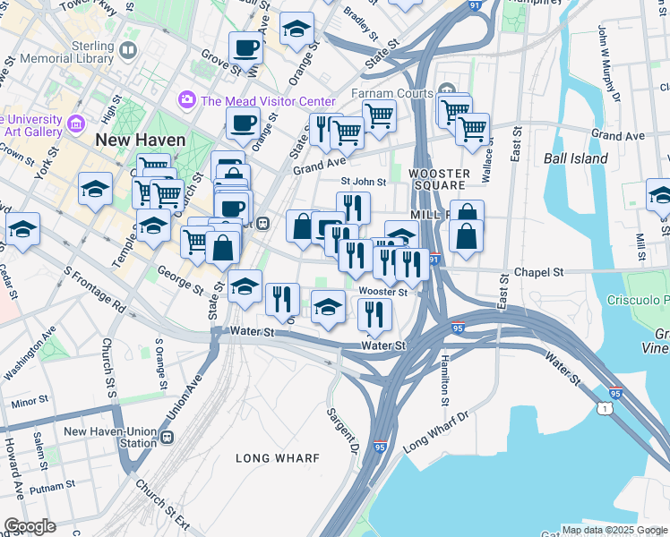 map of restaurants, bars, coffee shops, grocery stores, and more near 584 Chapel Street in New Haven
