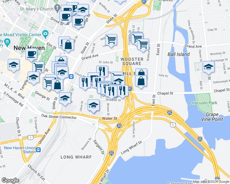 map of restaurants, bars, coffee shops, grocery stores, and more near 516 Chapel Street in New Haven