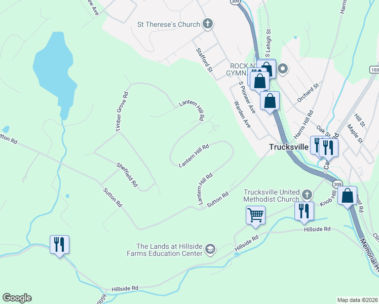 map of restaurants, bars, coffee shops, grocery stores, and more near 550 Lantern Hill Rd in Back Mountain