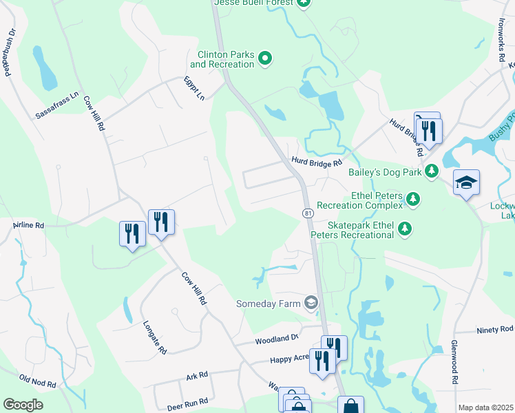 map of restaurants, bars, coffee shops, grocery stores, and more near 14 Oakwood Lane in Clinton