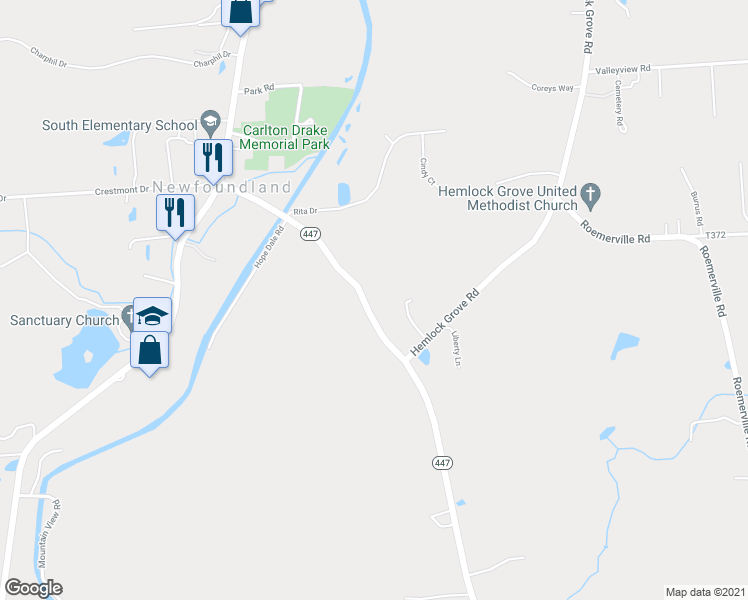 map of restaurants, bars, coffee shops, grocery stores, and more near 146 Pennsylvania 447 in Newfoundland
