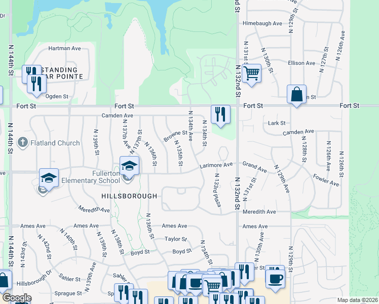 map of restaurants, bars, coffee shops, grocery stores, and more near 4912 North 134th Street in Omaha