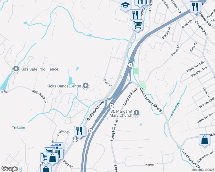 map of restaurants, bars, coffee shops, grocery stores, and more near 12 Cots Street in Shelton