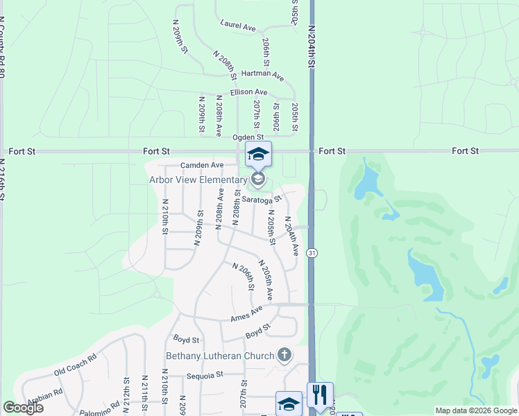 map of restaurants, bars, coffee shops, grocery stores, and more near 4944 North 205th Street in Omaha