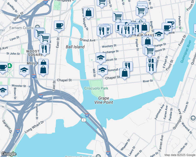 map of restaurants, bars, coffee shops, grocery stores, and more near 265 Chapel Street in New Haven