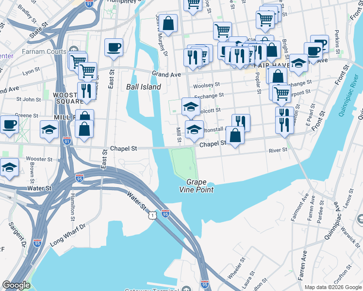 map of restaurants, bars, coffee shops, grocery stores, and more near 265 Chapel Street in New Haven